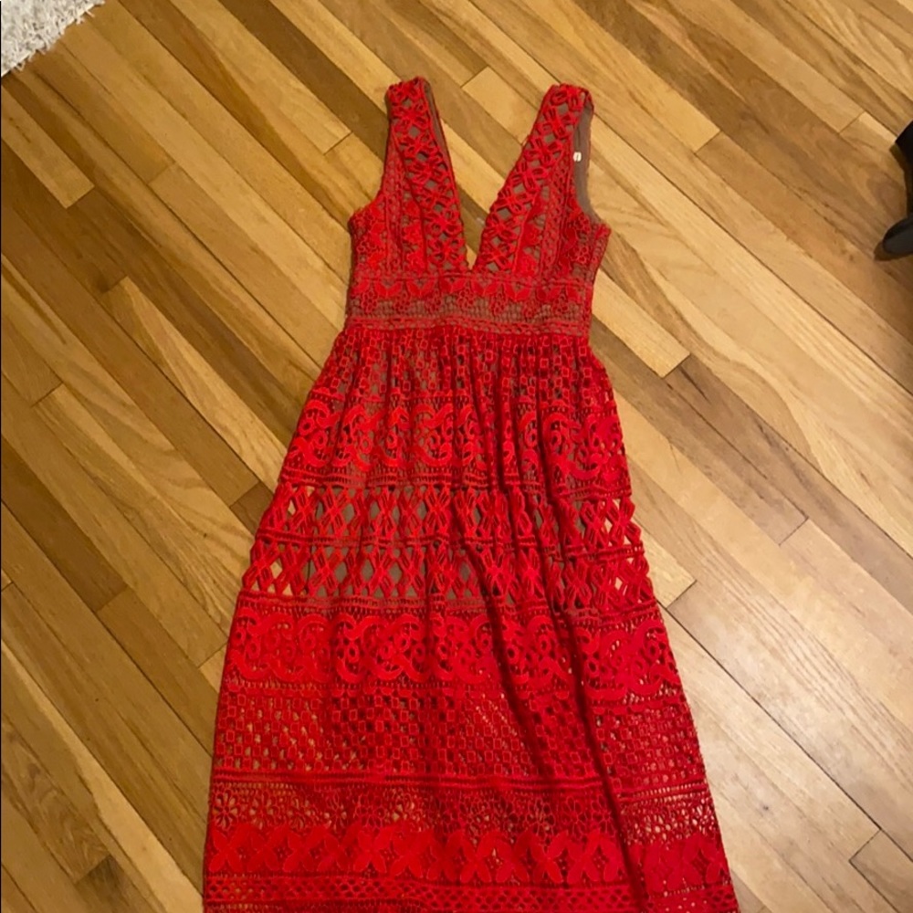 Red crochet lace midi sleeveless dress
